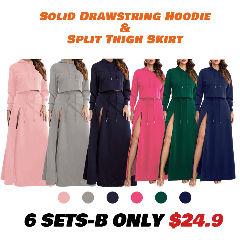 Women'S Solid Drawstring Hoodie & Split Thigh Skirt Set, Long Sleeve Top & Pocket Long Skirt, Casual Fashion Cozy Co-Ord Set, Women Clothes