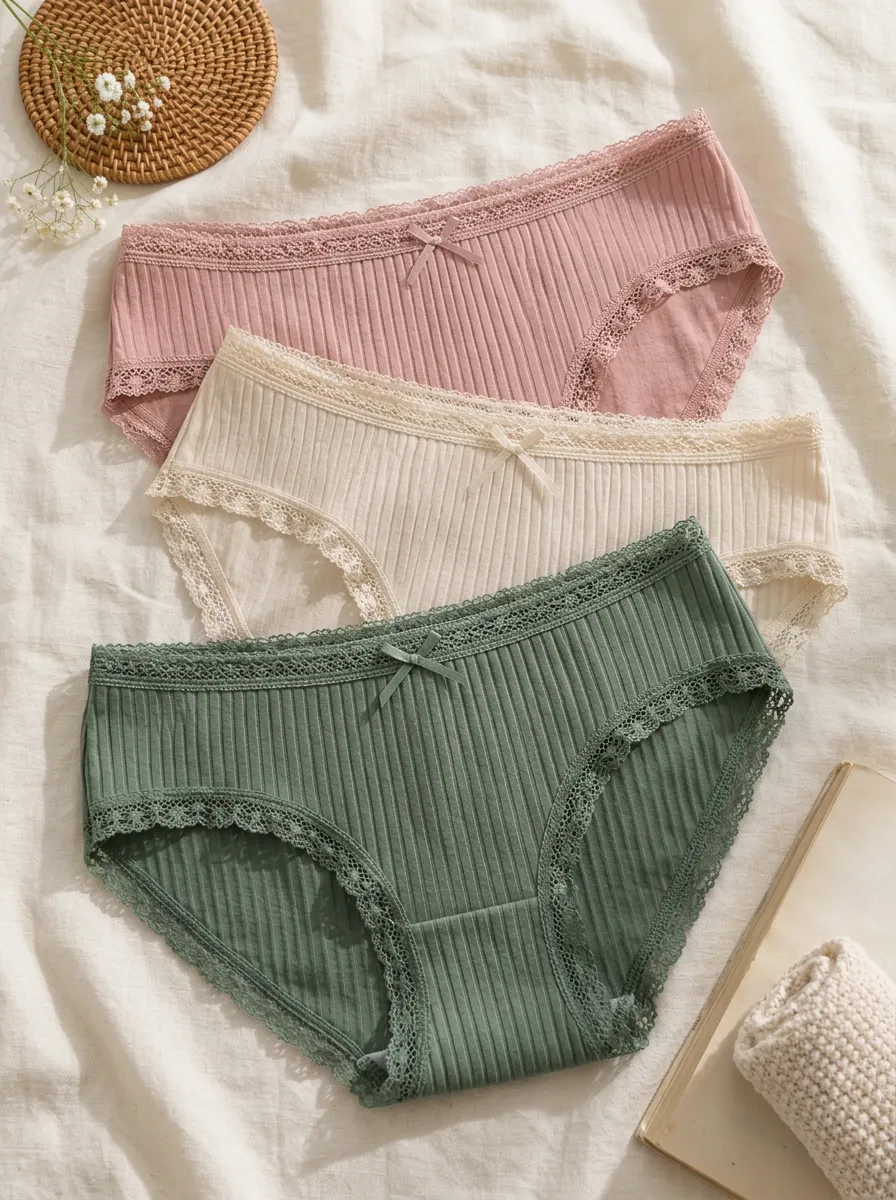 Women's Bow Detail Lace Trim Ribbed 3-Piece Panty Set