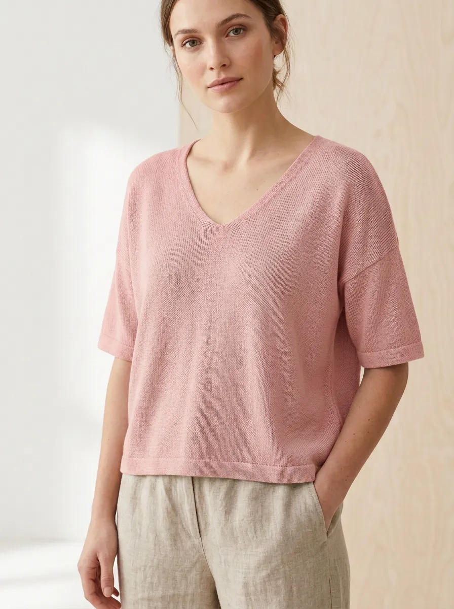 Women's V-Neck Textured Knit T-Shirt