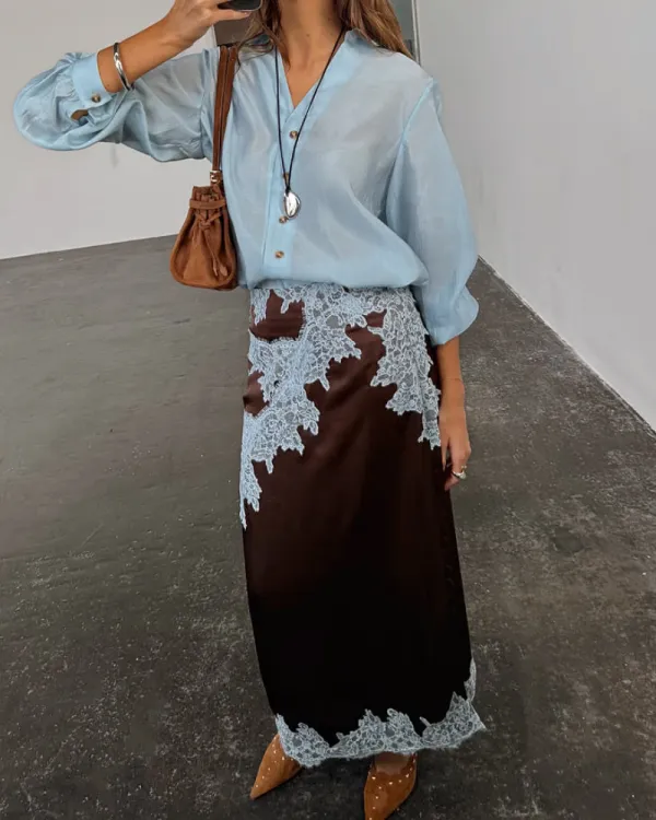 Lace Trim Satin Midi Skirt