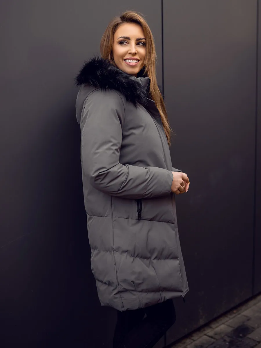 Women's Graphite Quilted Winter Jacket With Hood