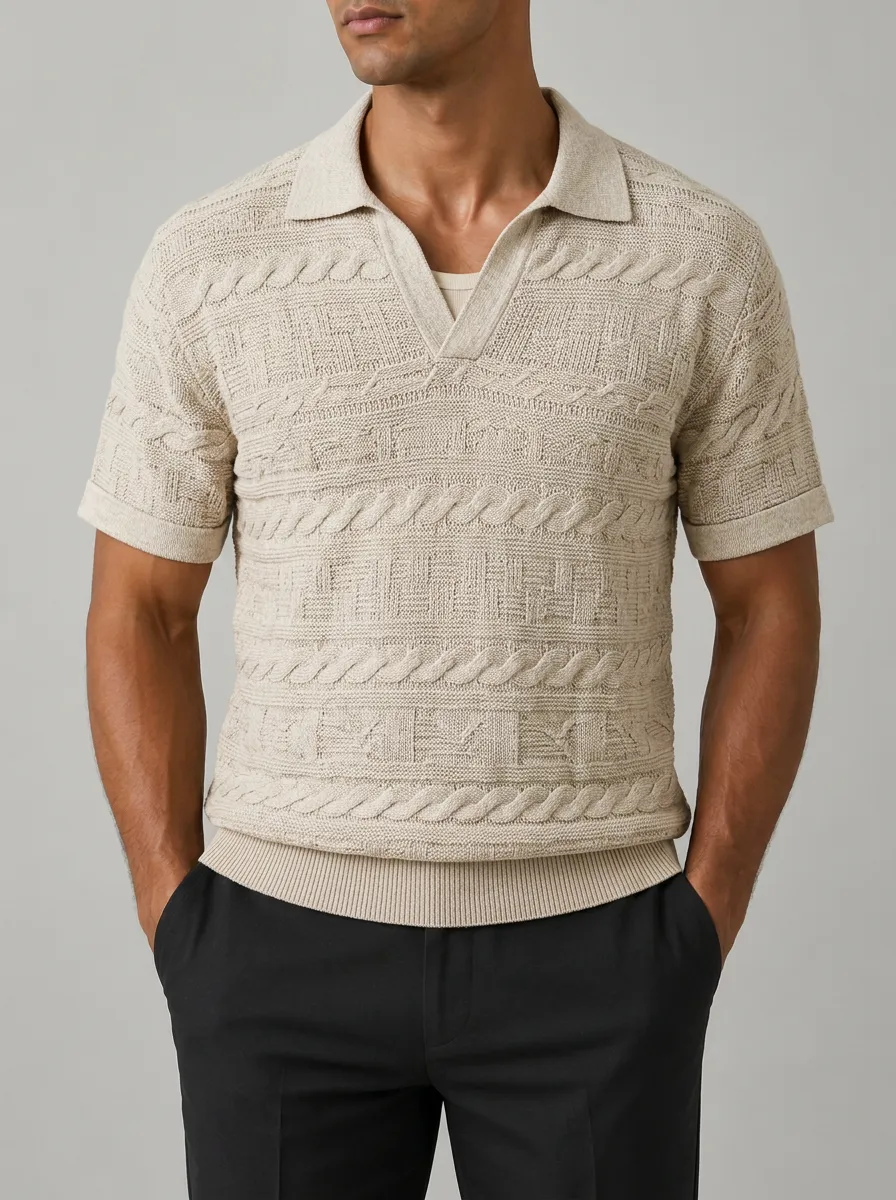 Men's Cable-Knit Open Collar Polo Shirt