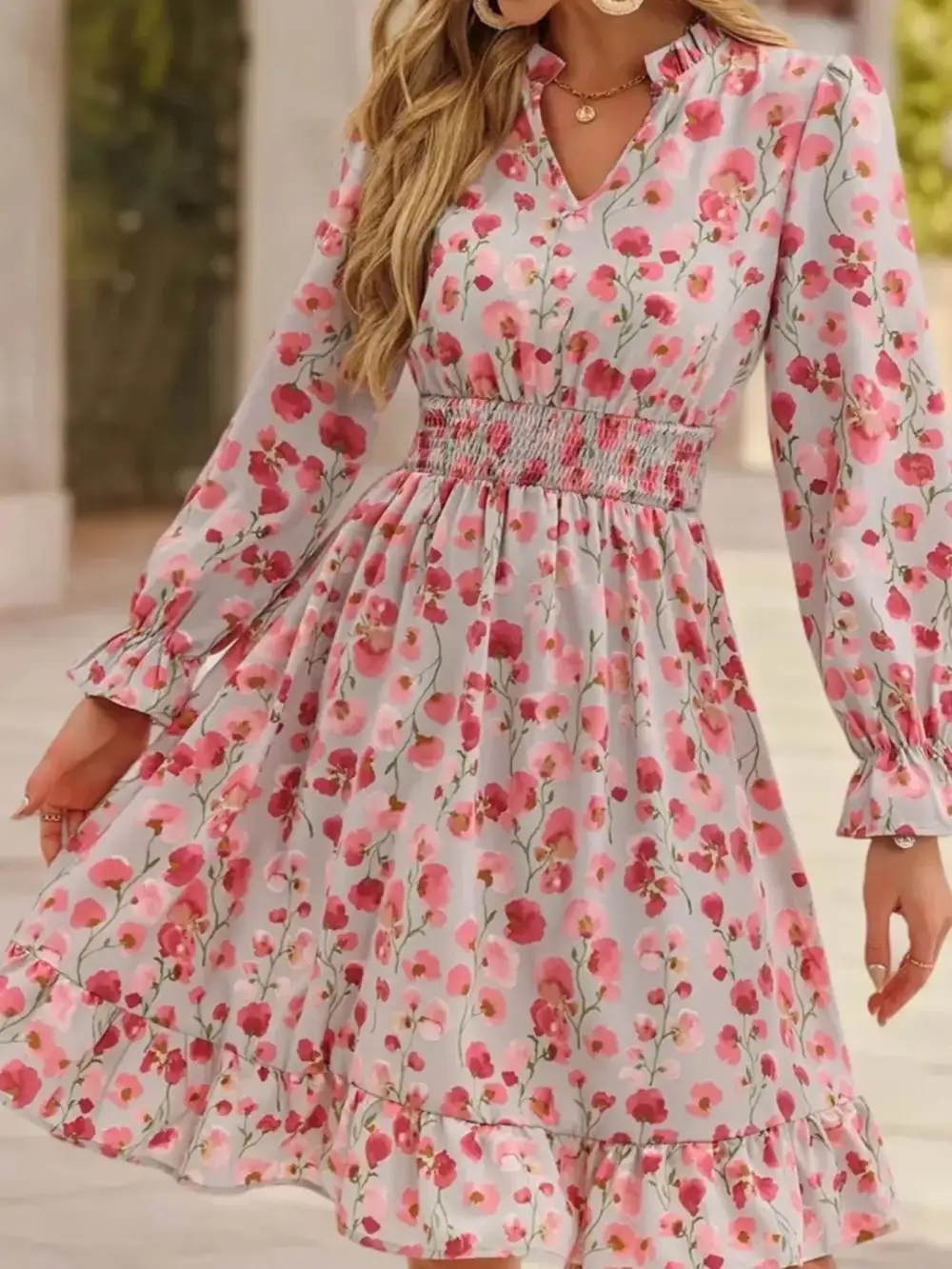 Layered Detail Floral Printed Ruffle Dress