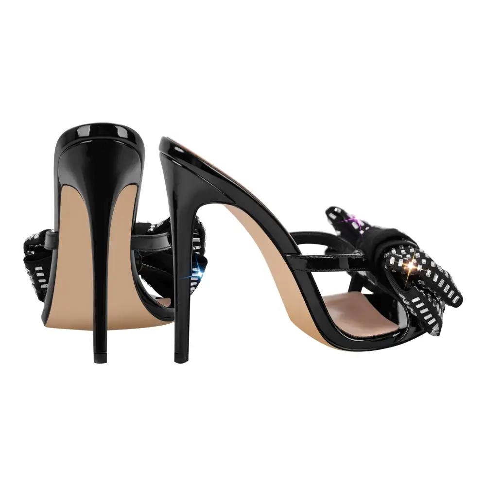 Rhinestone Pointed Toe Bow Stiletto Mule Sandals