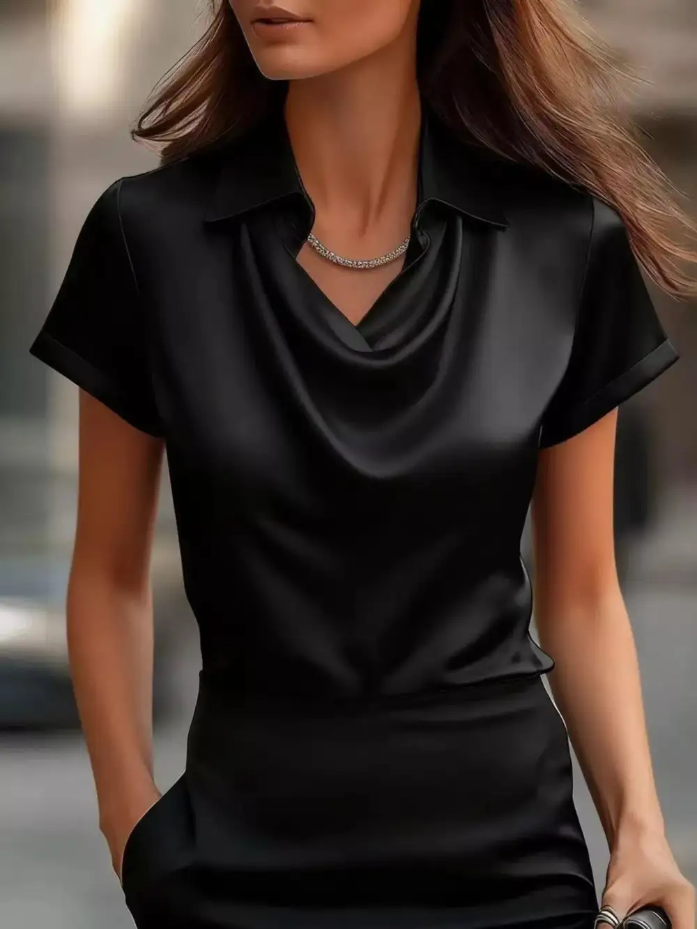 Cowl Neck Short Sleeve Satin Blouse Plus