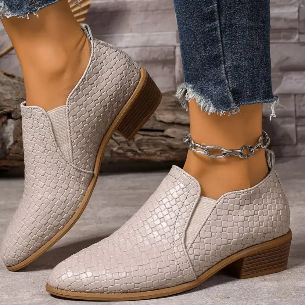 Textured Point Toe Block Heels Ankle Boots