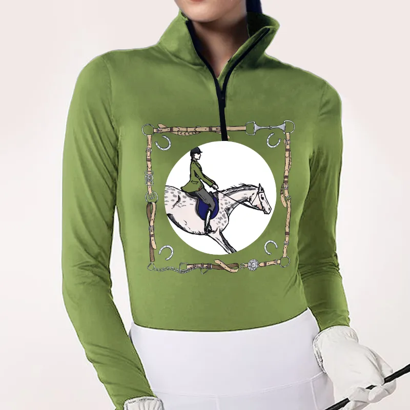 Women's Riding Style Horse Rider Print Long Sleeve Casual Shirt