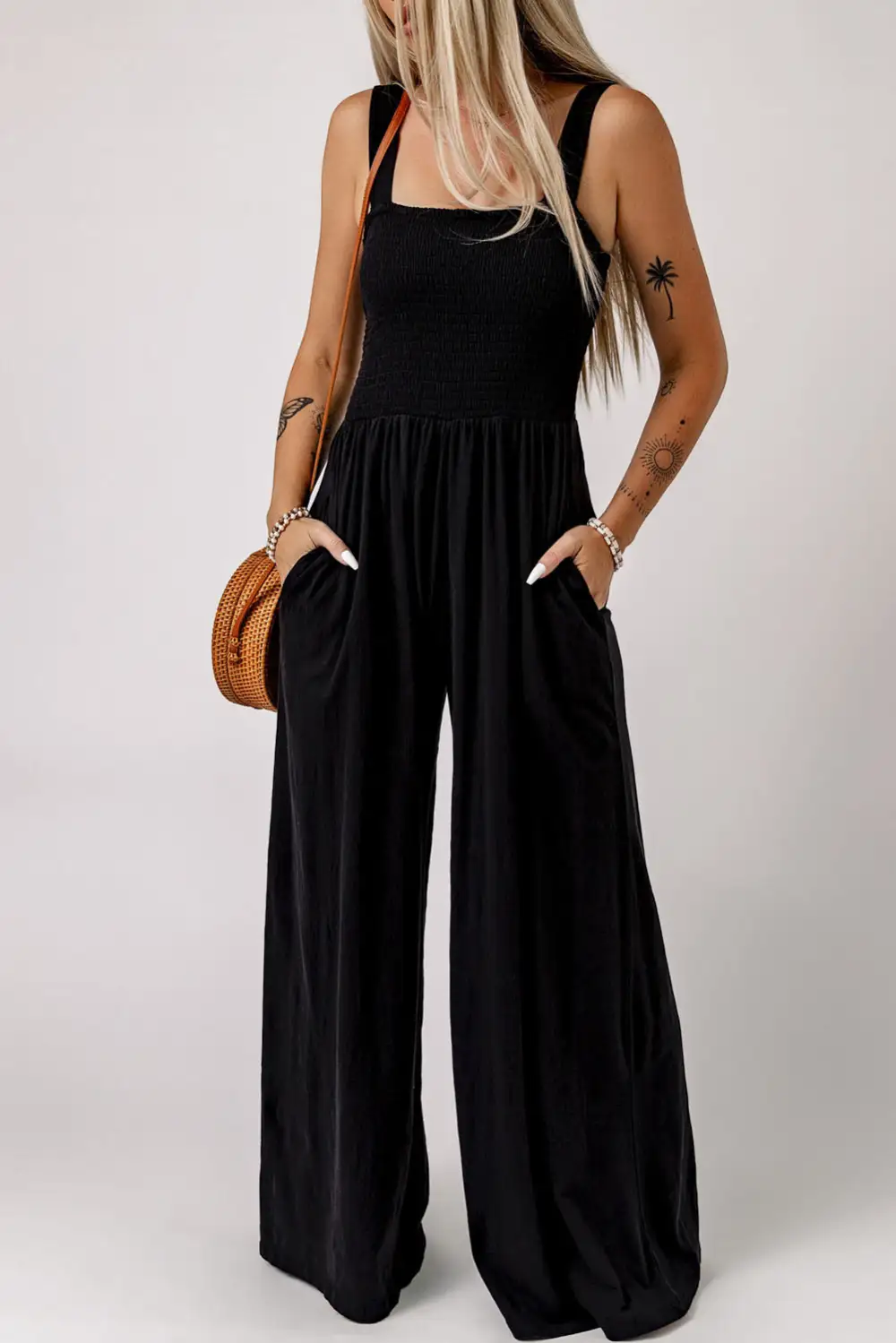 Smocked Square Neck Wide Leg Jumpsuit