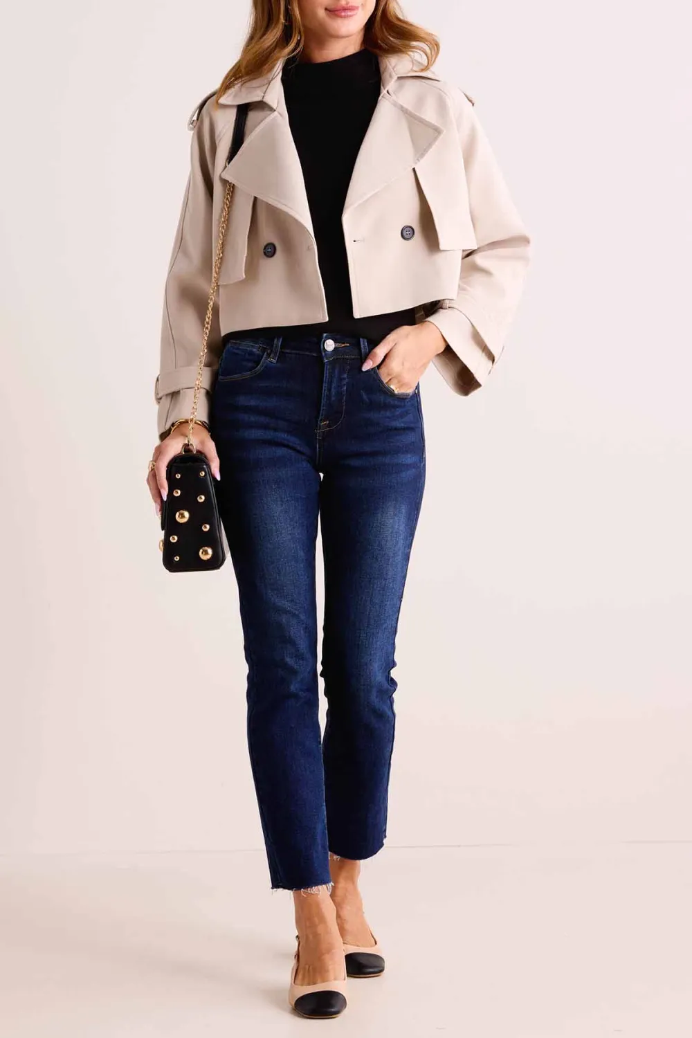 Beige Cropped Double Breasted Jacket