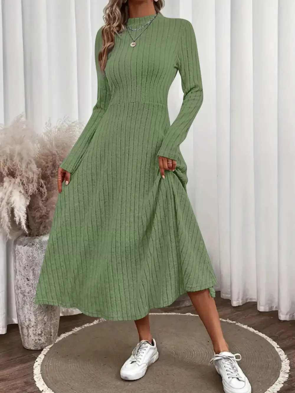 Drape Ribbed Knit Midi Dress