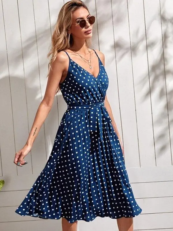 Women Polka Dot Wrap Belted Cami Dress