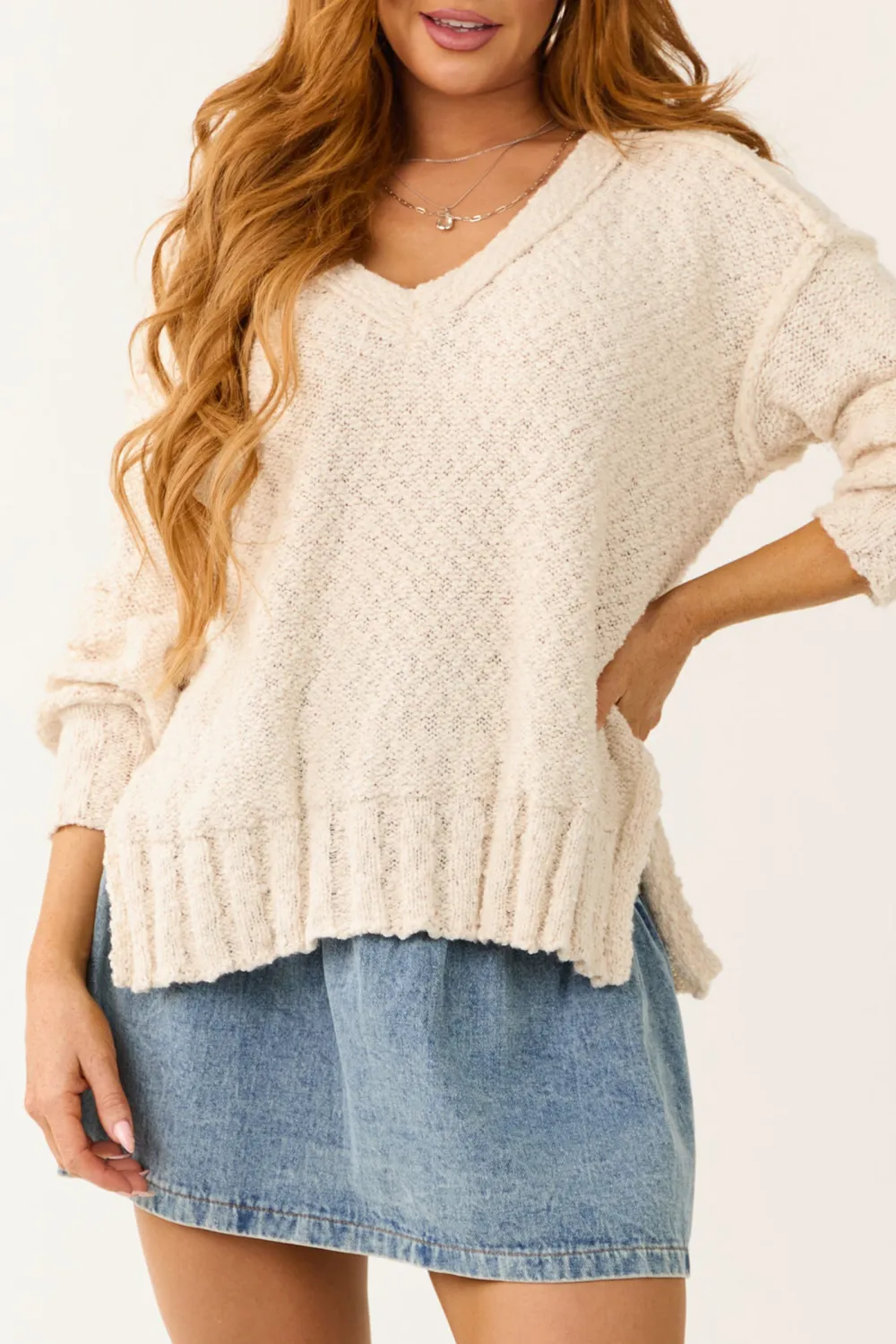 Cream Long Balloon Sleeve Knit Sweater