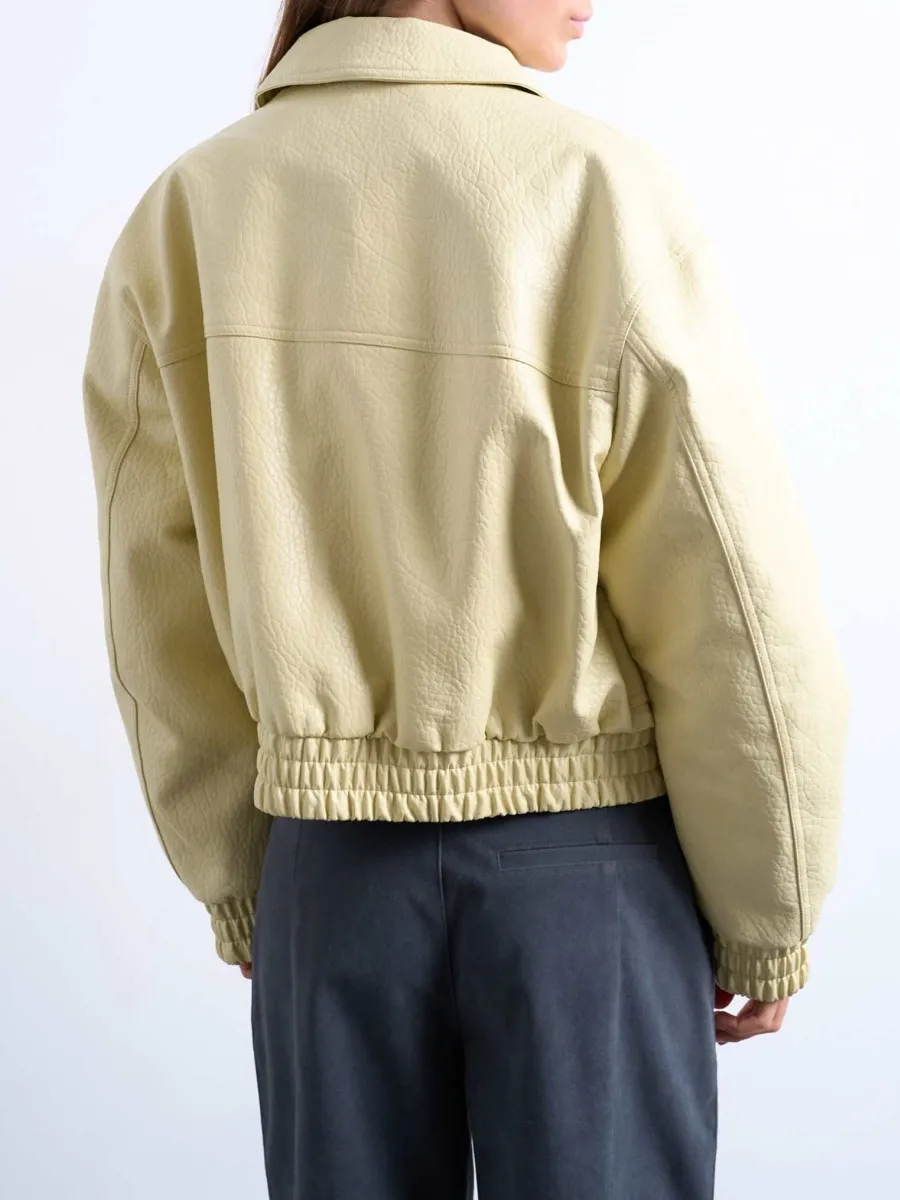 Leather Ruched Zip Up Jacket