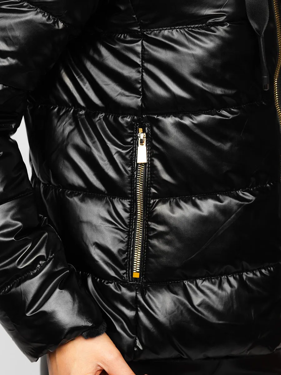 Women's Black Reversible Quilted Winter Jacket With Hood