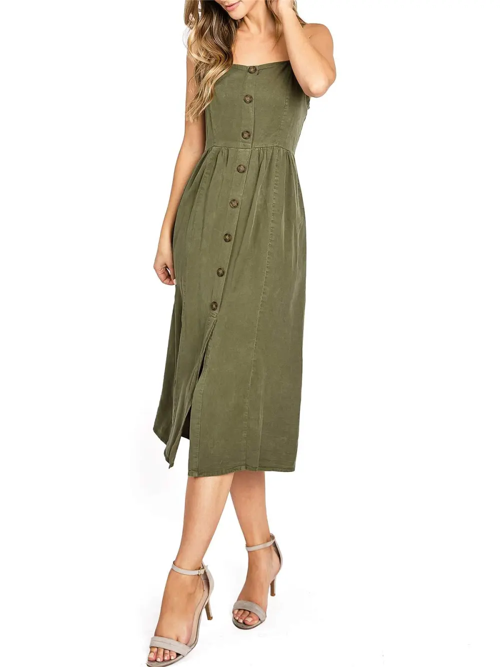 Light Blue Button - Front Spaghetti - Strap Dress