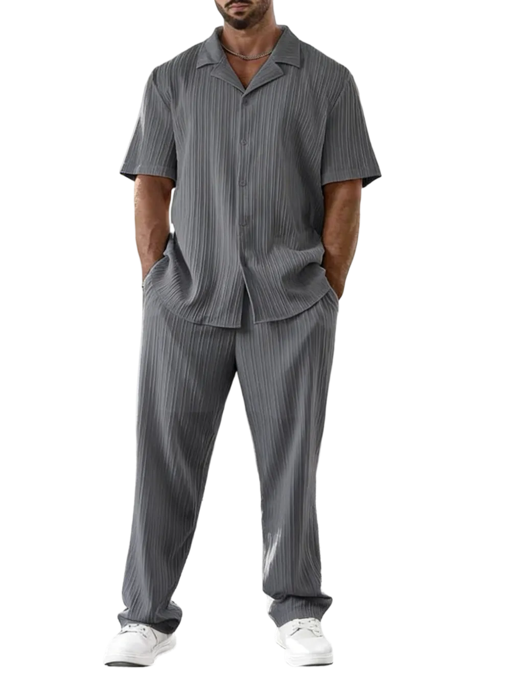 Men's Two-piece Suit Shirt and Elastic Waist Pants Set