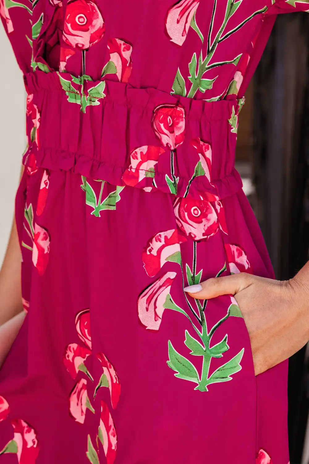 Gathered Detail Floral Printed V Neck Maxi Dress