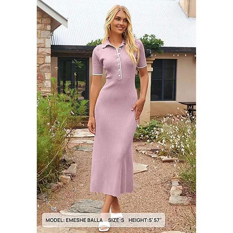 Women's V Neck Ribbed Knit Maxi Dress Button Short Sleeve Slim Fit Bodycon Sweater Dress