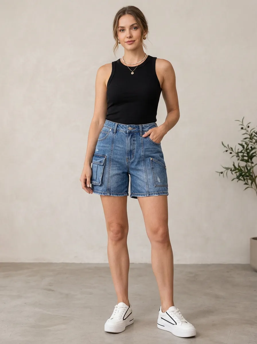 Women's Street Casual Streetwear Distressed Cargo Denim Shorts