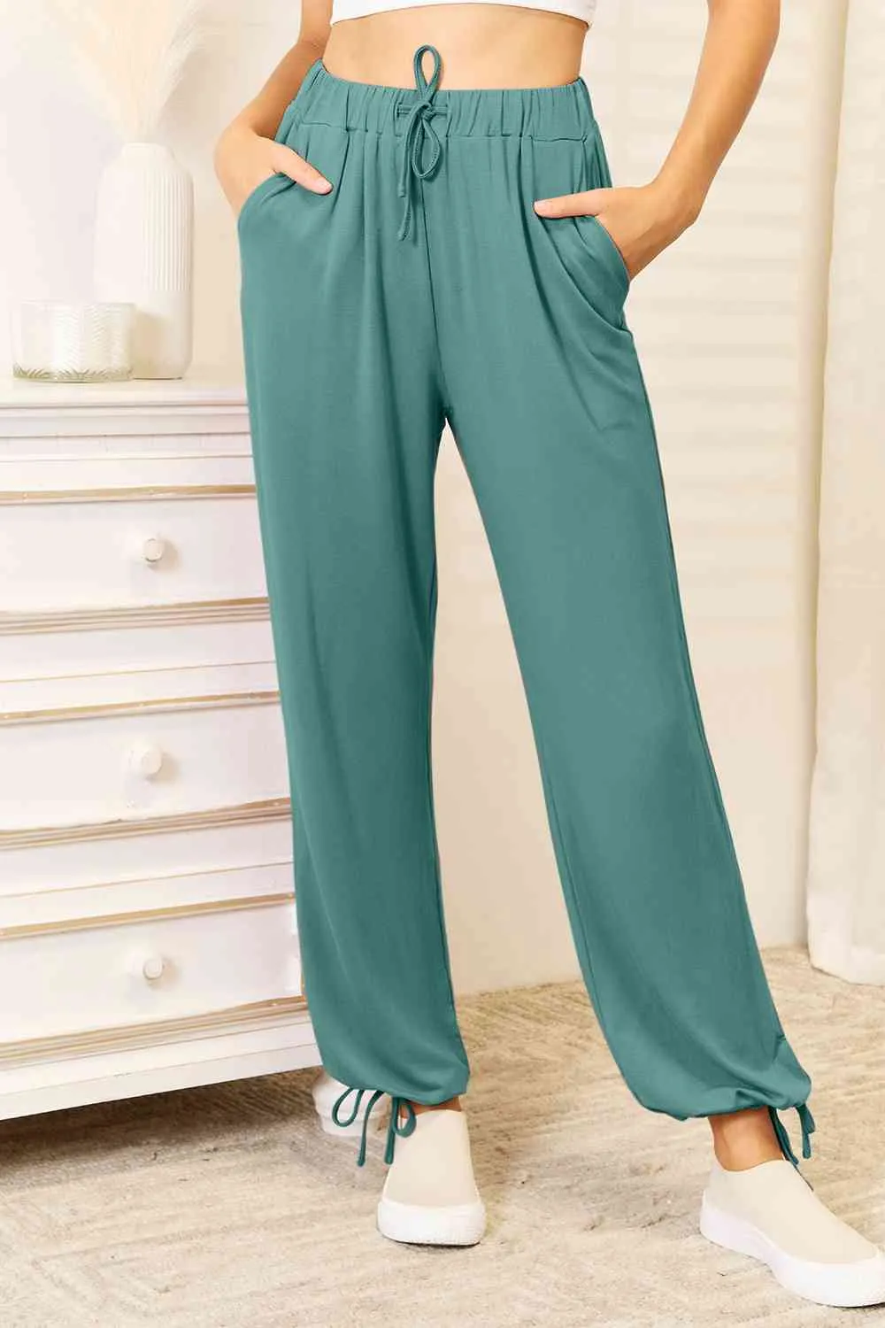 Full Size Soft Rayon Drawstring Waist Pants With Pocket