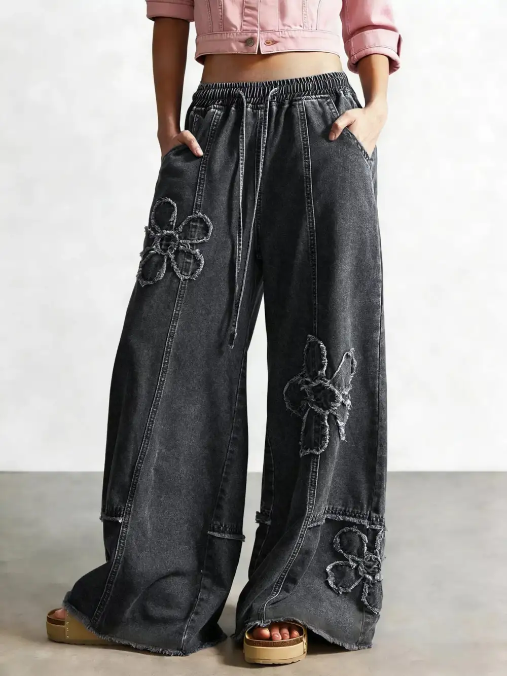 Drawstring Distressed Wide Leg Jeans