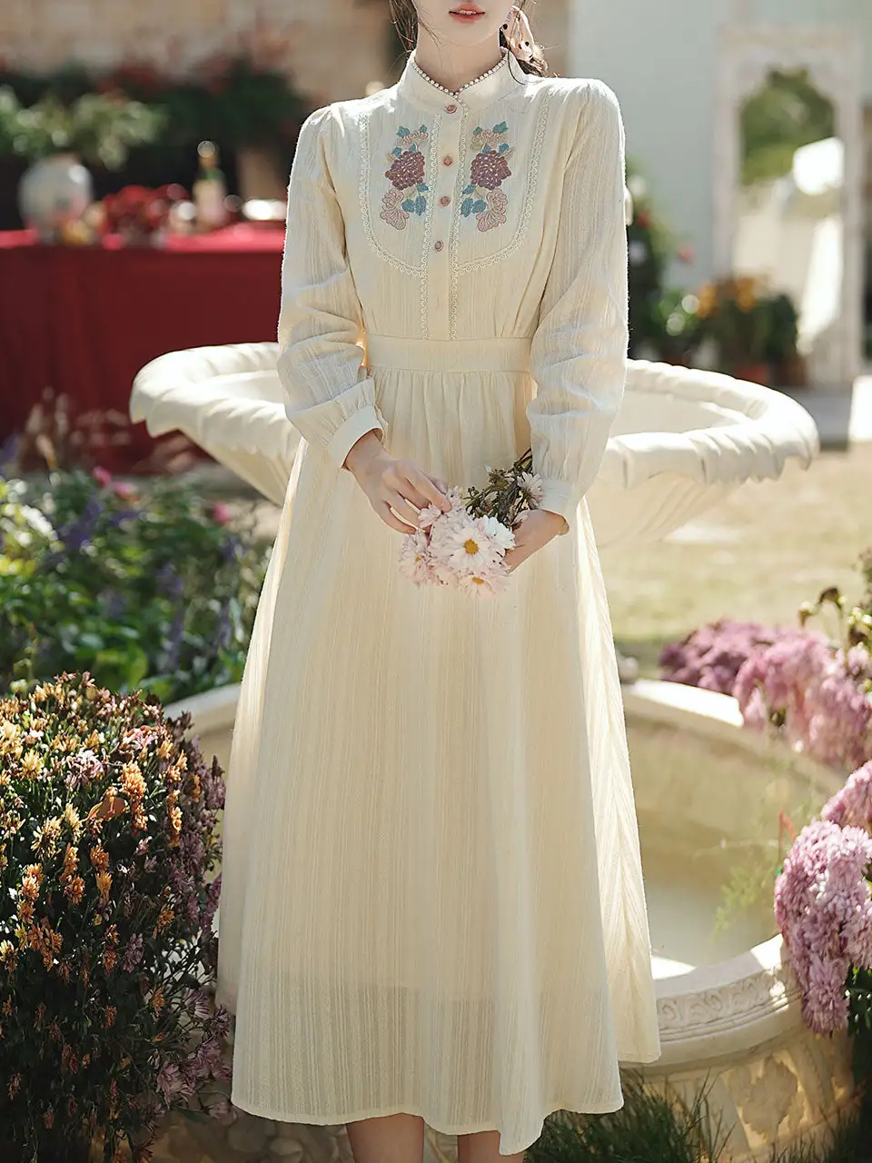 Embroidered Stand Collar Maxi Dress