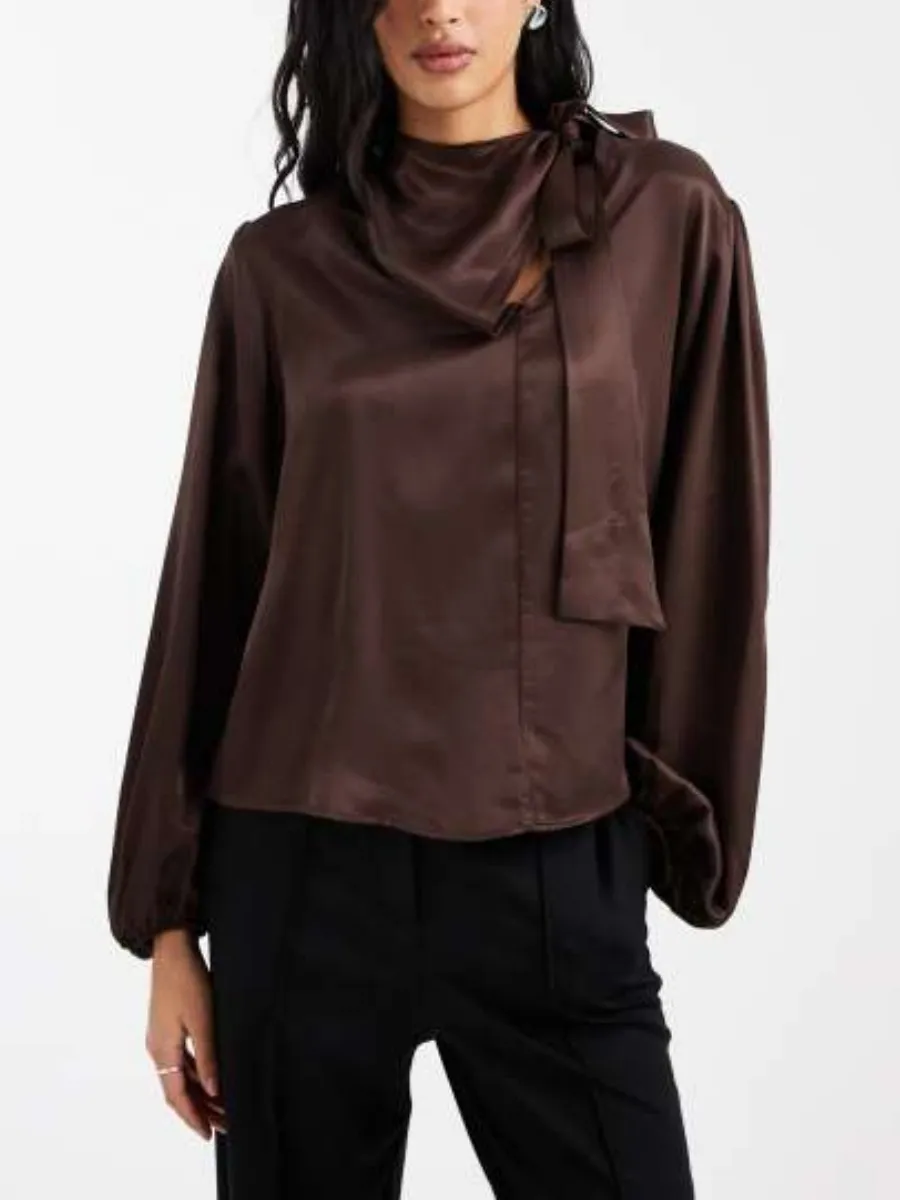 High Neck Satin Tie Blouse