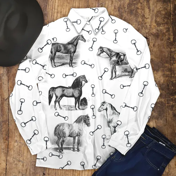 Women's Horses Print Long Sleeve Lifestyle Casual Button Shirt