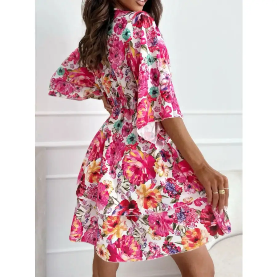 Print V-neck Ruffle Mini Dress
