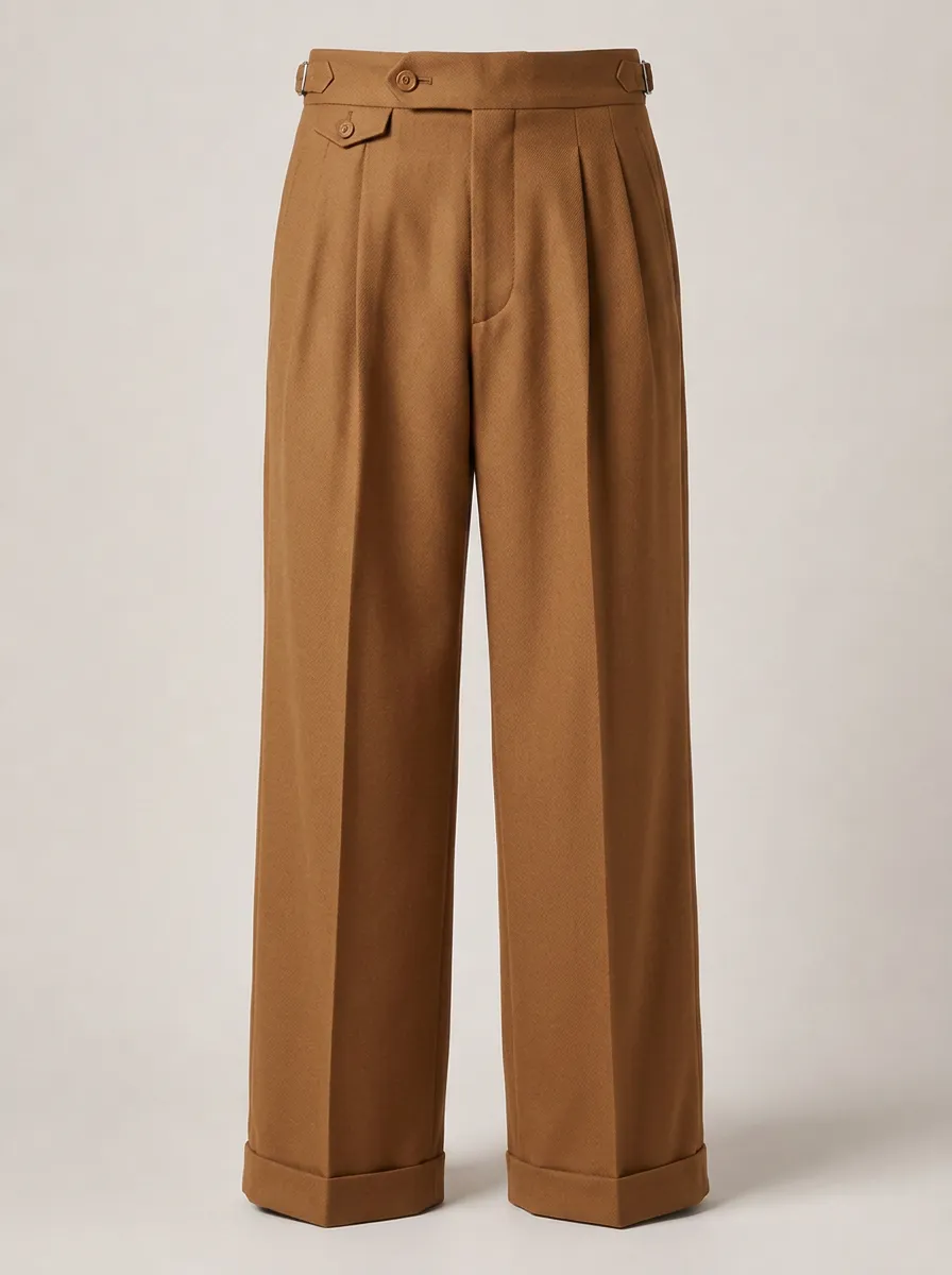 Men's Vintage Brown Pleated Side-Adjuster Trousers