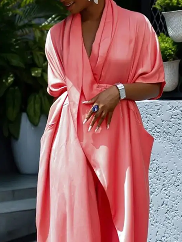 Loose Short Sleeves Asymmetric Pleated Split-Joint V-Neck Maxi Dress Shirt Dress