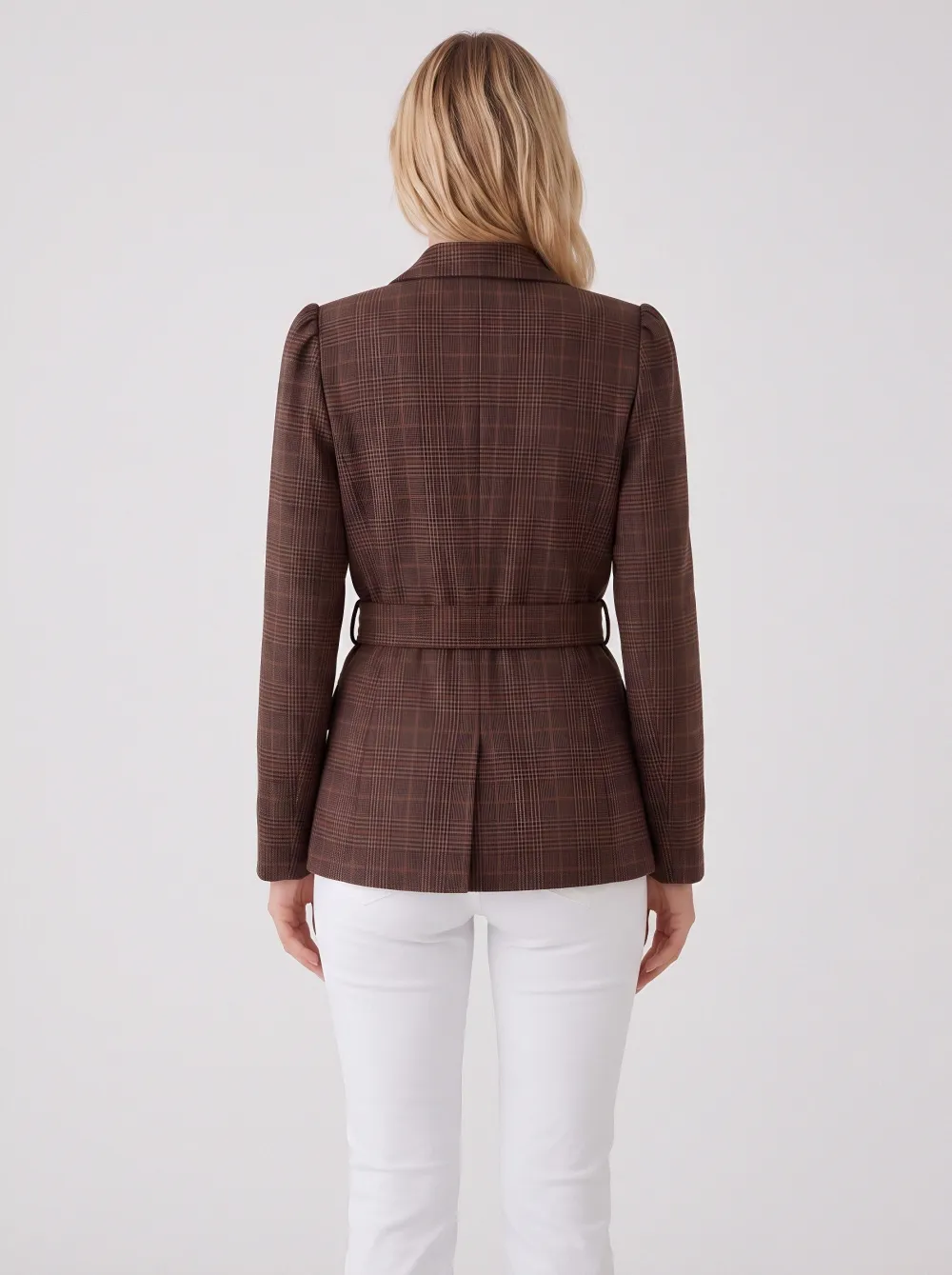 Women's Vintage Plaid Brown Double-Breasted Belted Blazer Jacket