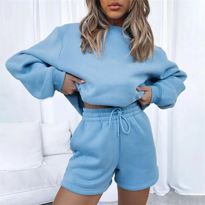 Women's Fashion Round Neck Solid Color Sweatshirt and Short Pants two-piece set