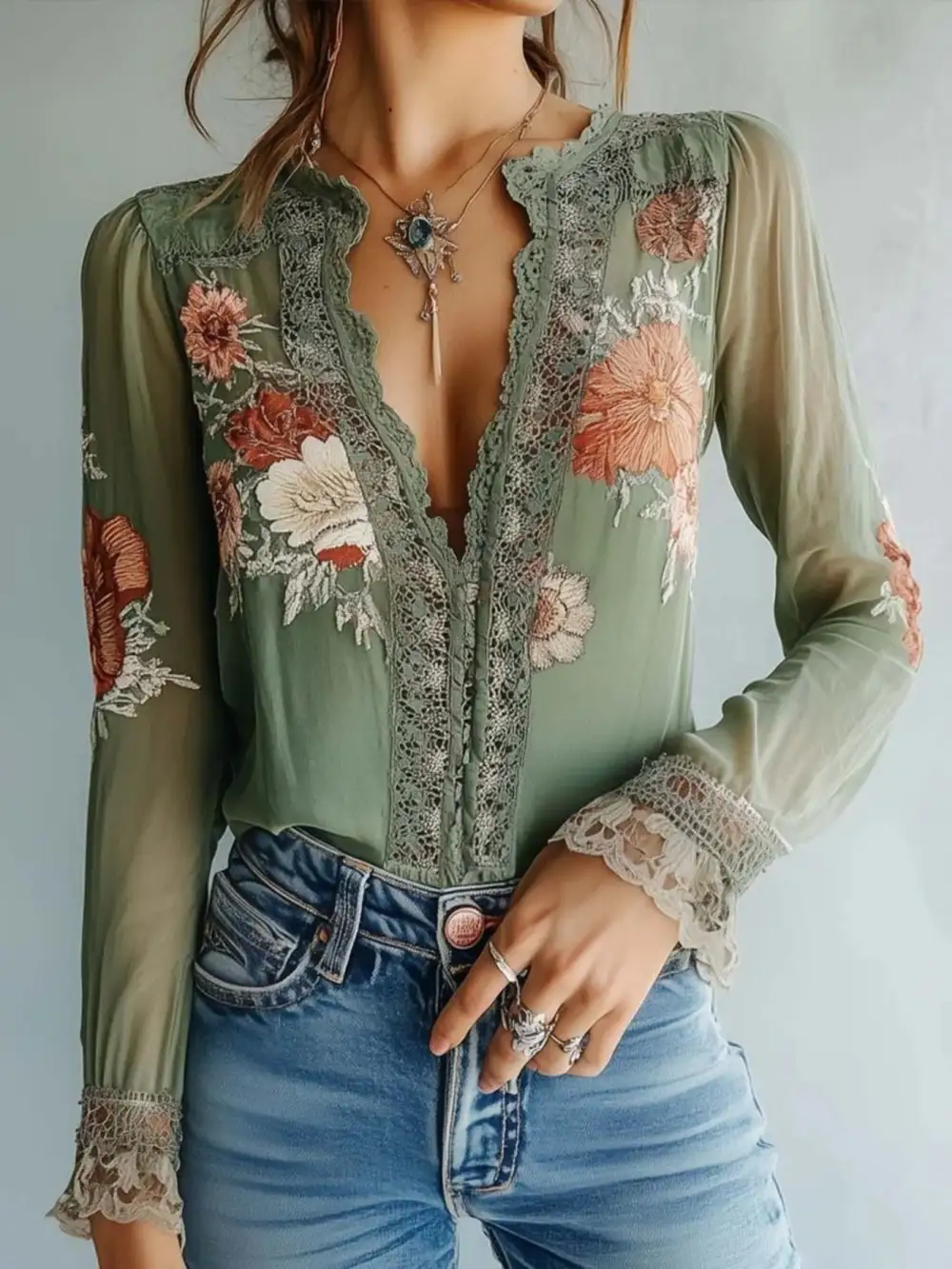 Floral Lace Trim Blouse