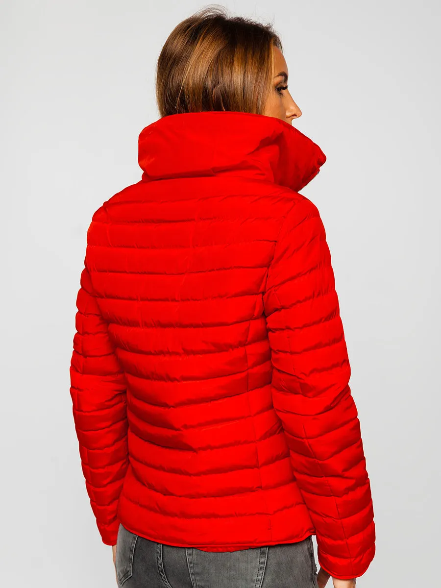 women's red quilted winter jacket without hood