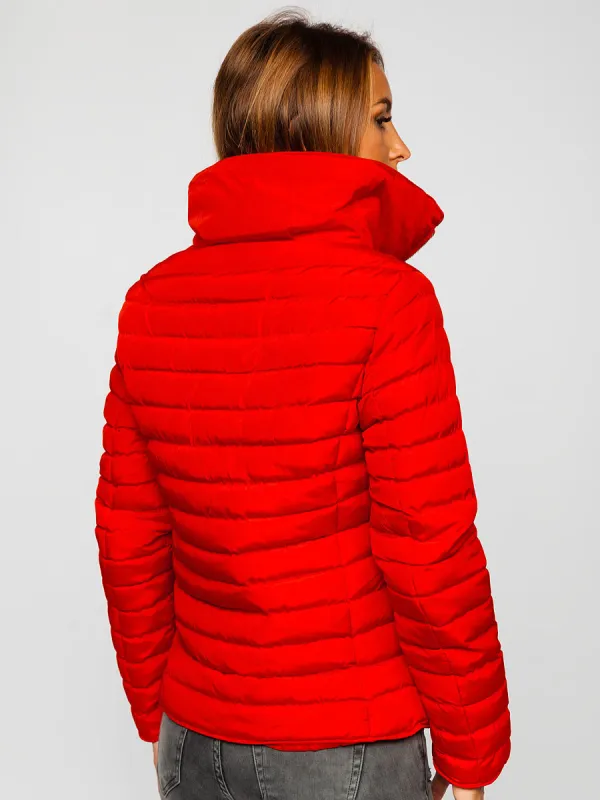 women's red quilted winter jacket without hood