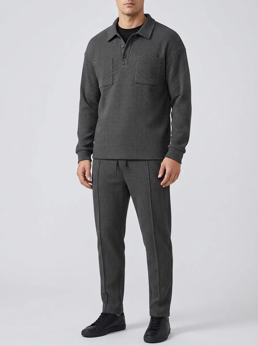 Men's Houndstooth Polo Collar Jacket and Jogger Pants Set