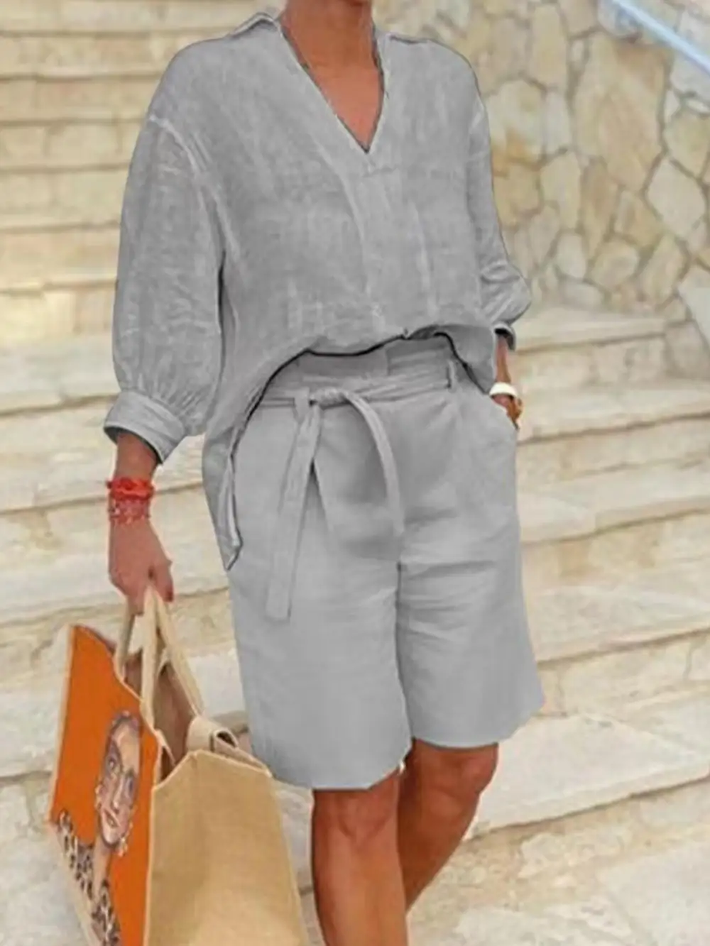 Johnny Collar Sleeve Top and Shorts Set