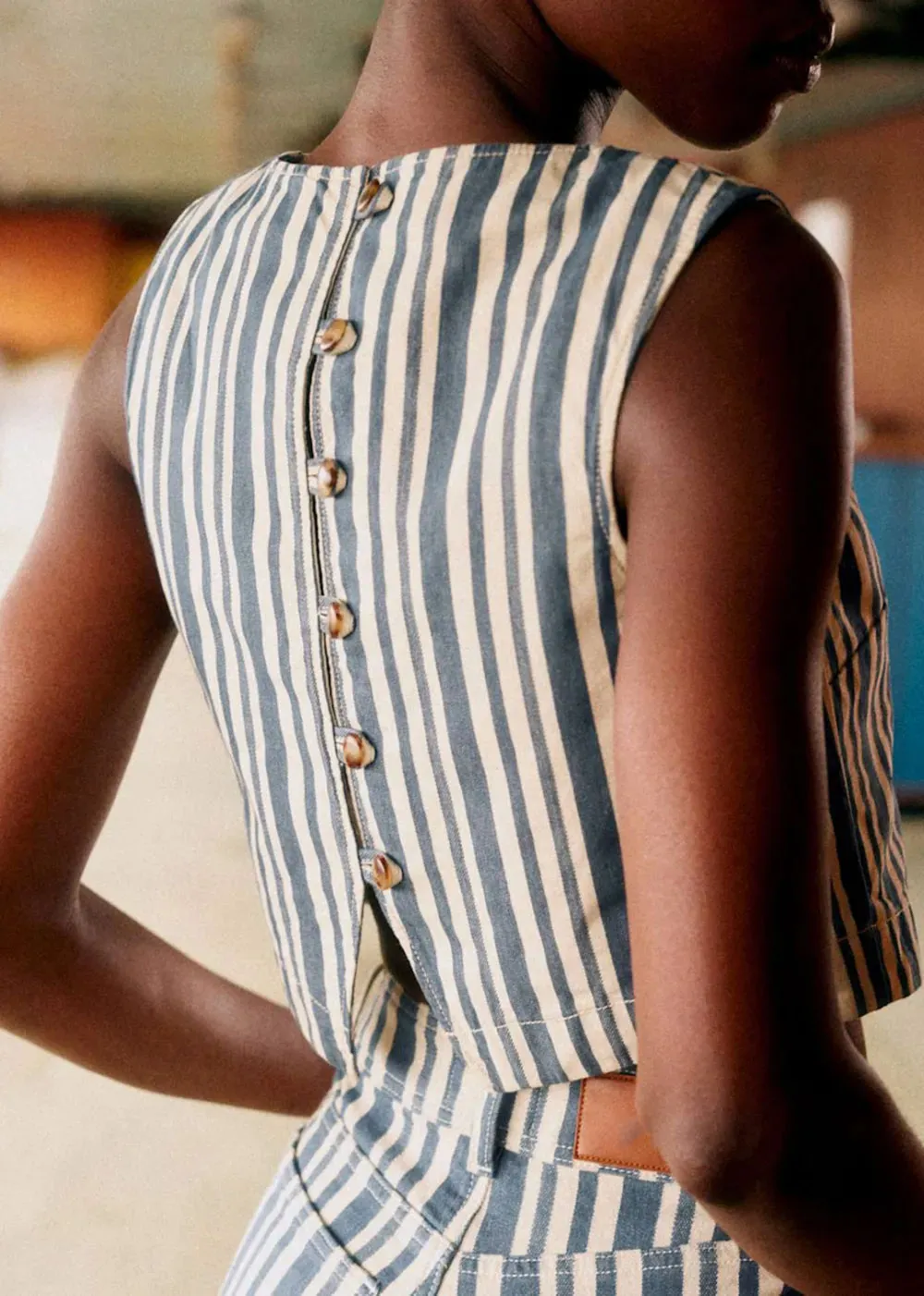 Sleeveless Striped Denim Jacket