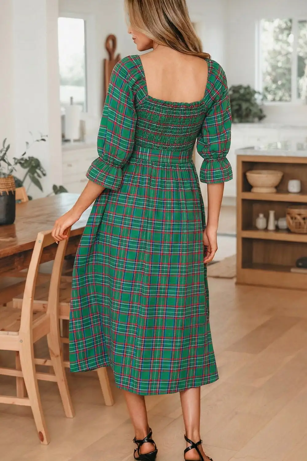 Finish Plaid Square Neck Puff Sleeve Midi Dress
