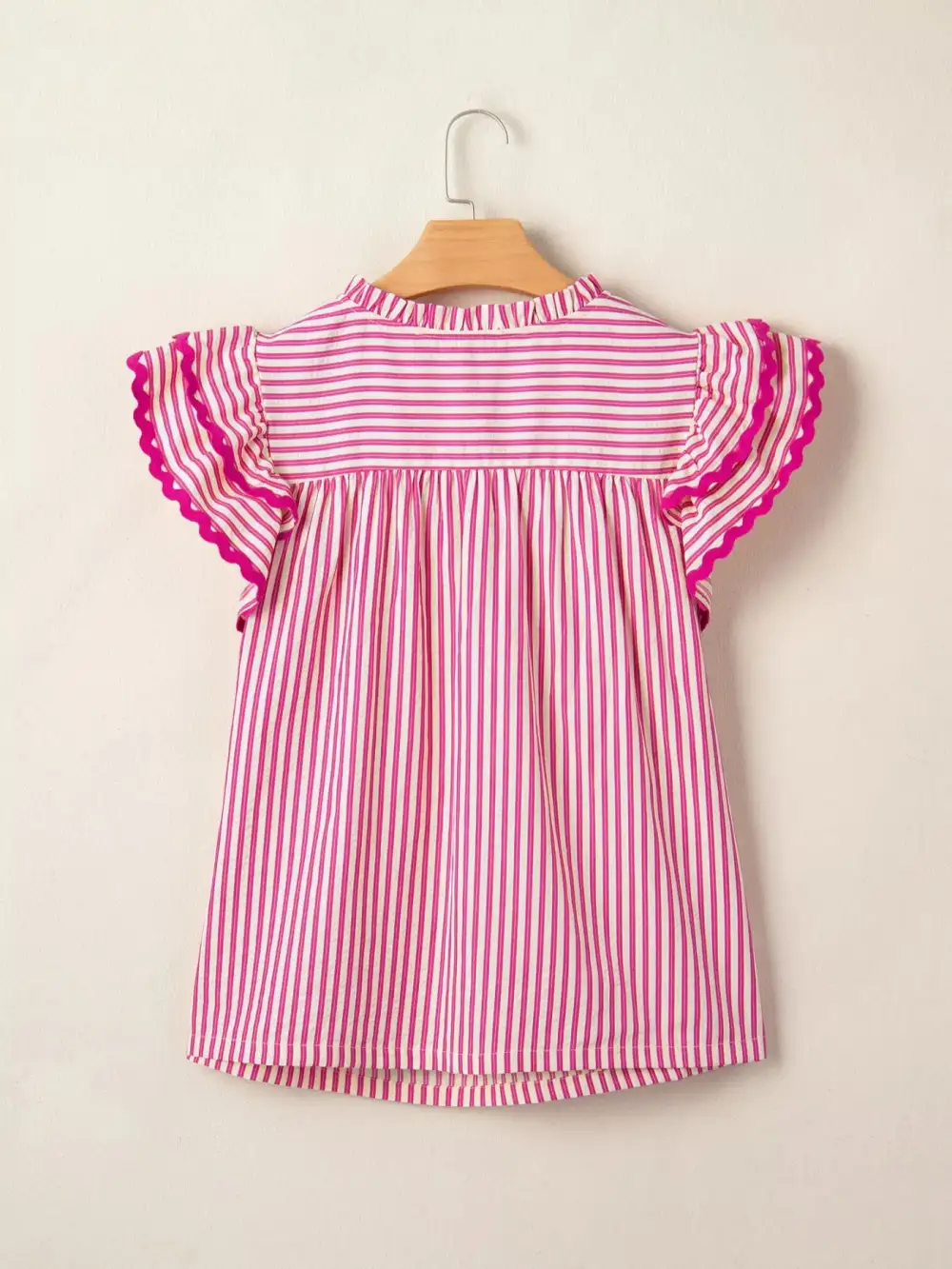 Stripe Shirred Yoke Ruffled Short Sleeve Blouse