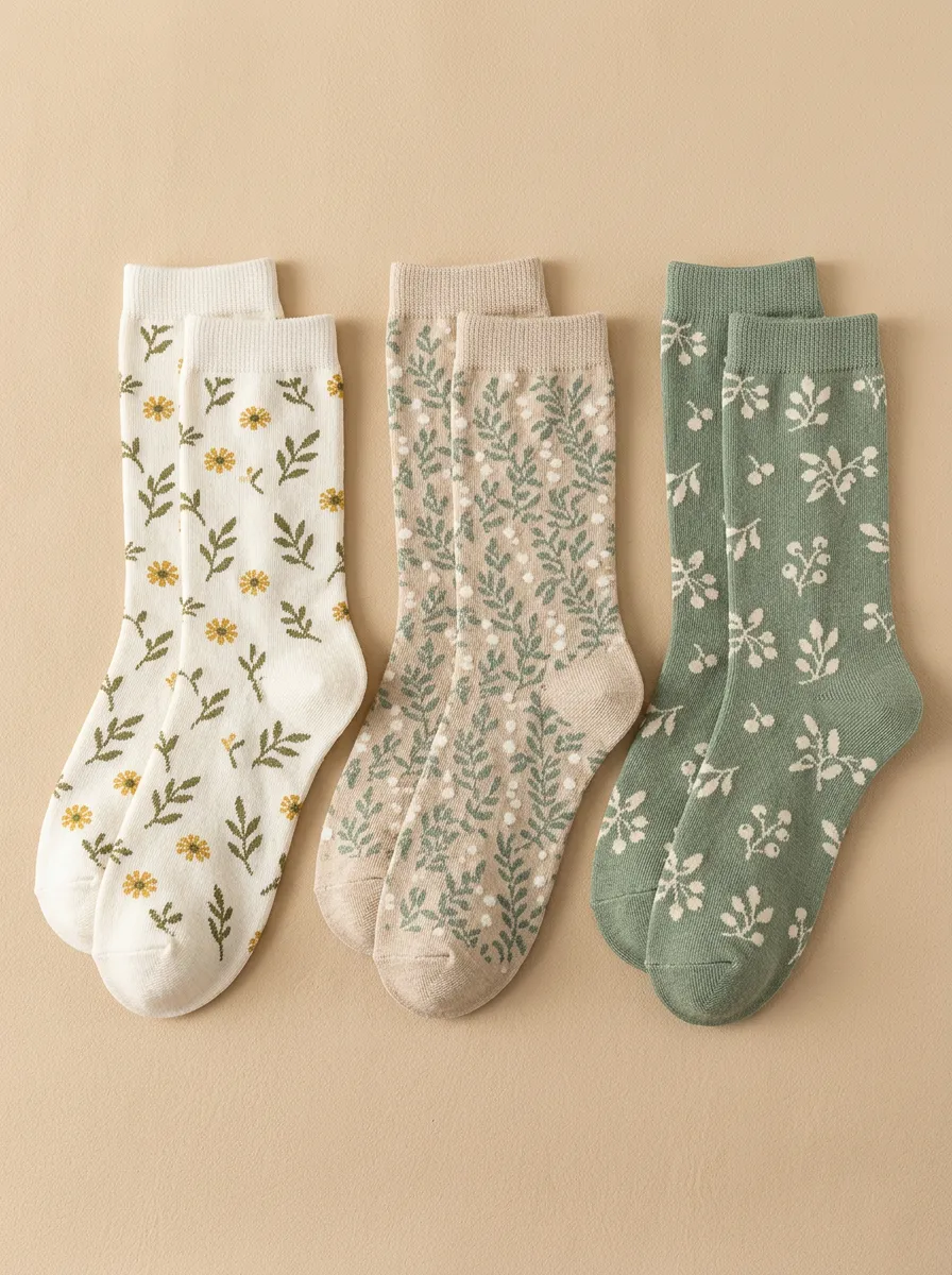 Women's Botanical Leaf Crew Socks Three Pair Set