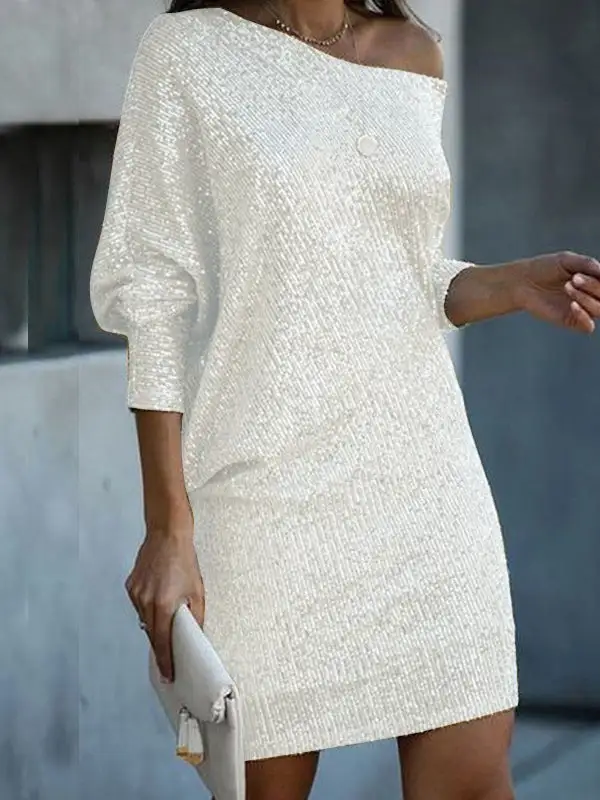 A Line Relaxed Asymmetric Sequined Solid Color One Shoulder Mini Dress
