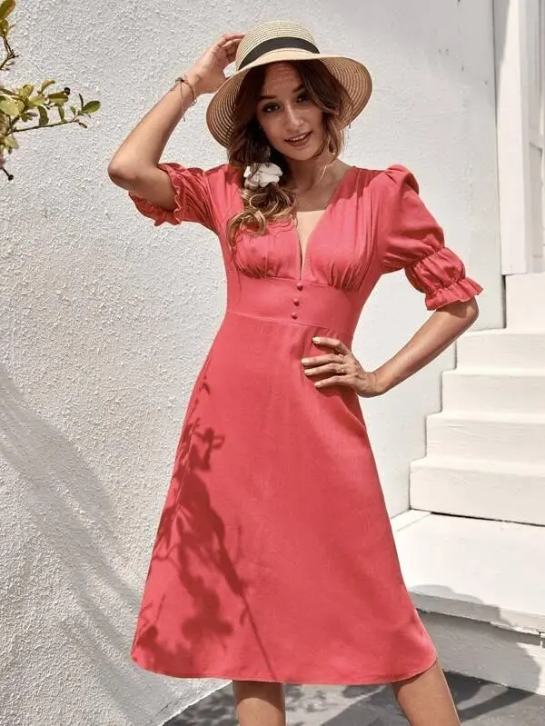 Women Ruffle Cuff Button Front Dress