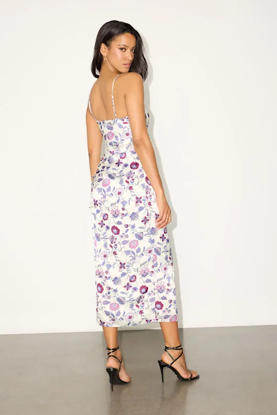 Truest Romance White Floral Print Sleeveless Ruched Midi Dress
