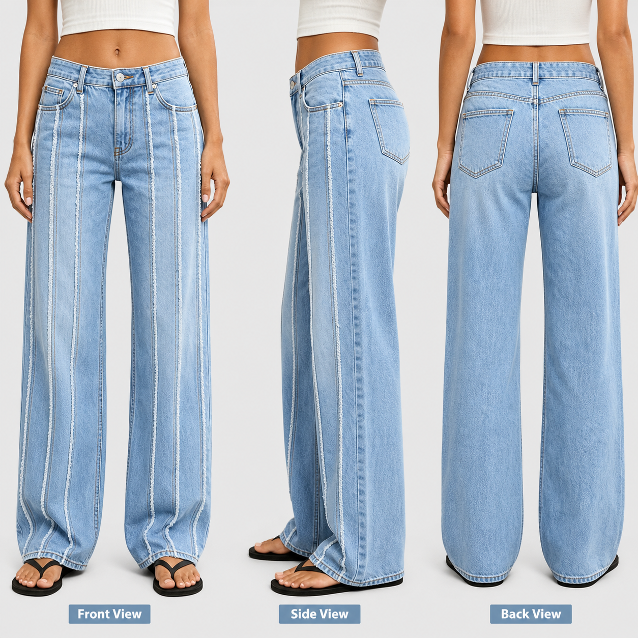 Front side and back views of wash stitch detail mid-waist straight leg jeans