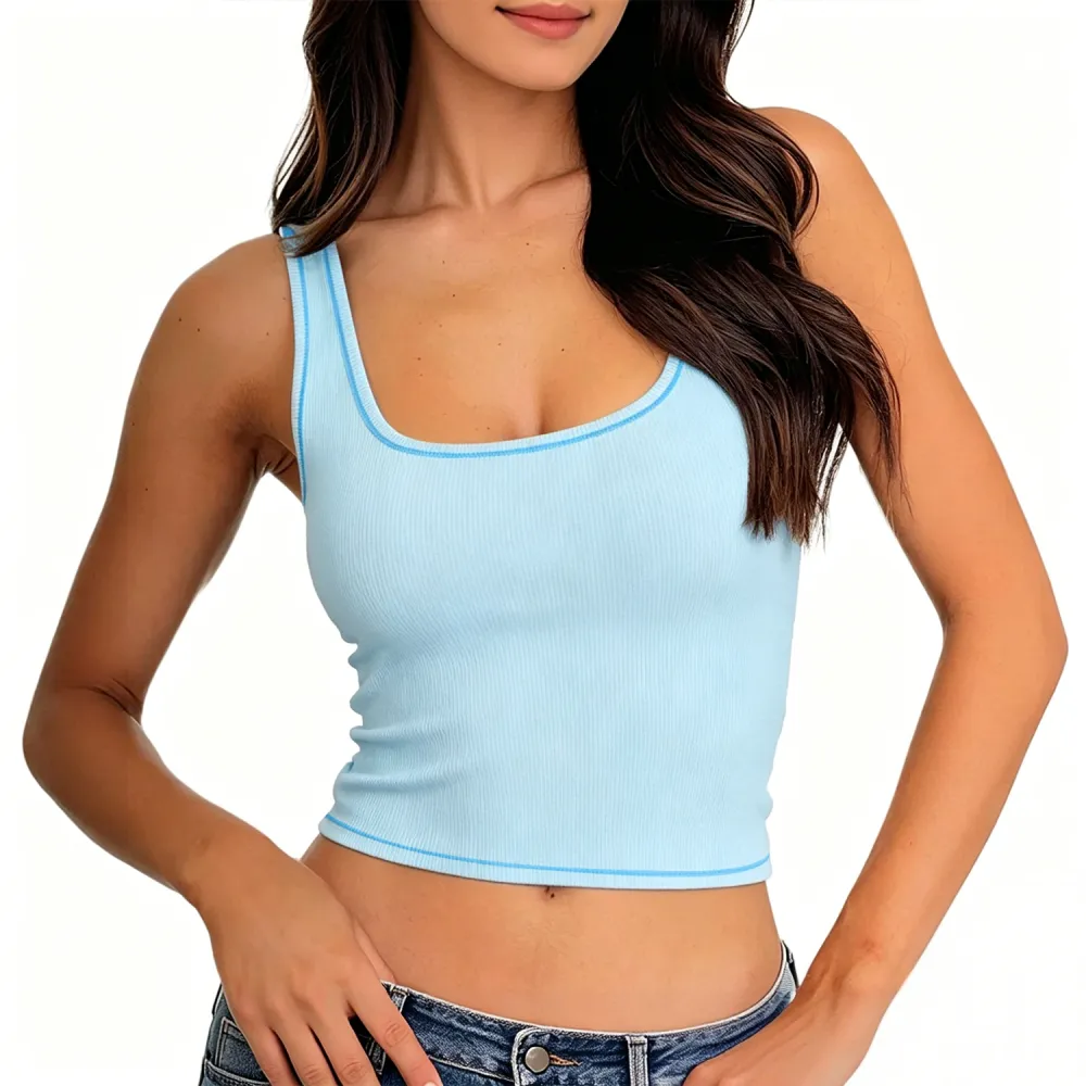 Women Rib Tank Top Padded Workout Top Square Neck Crop Tank