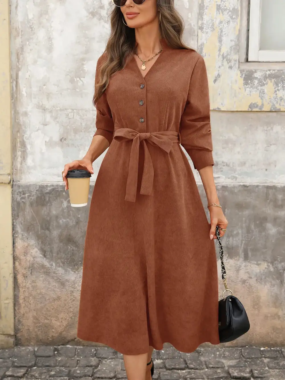 Button Front Tie Waist Long Sleeve Midi Dress
