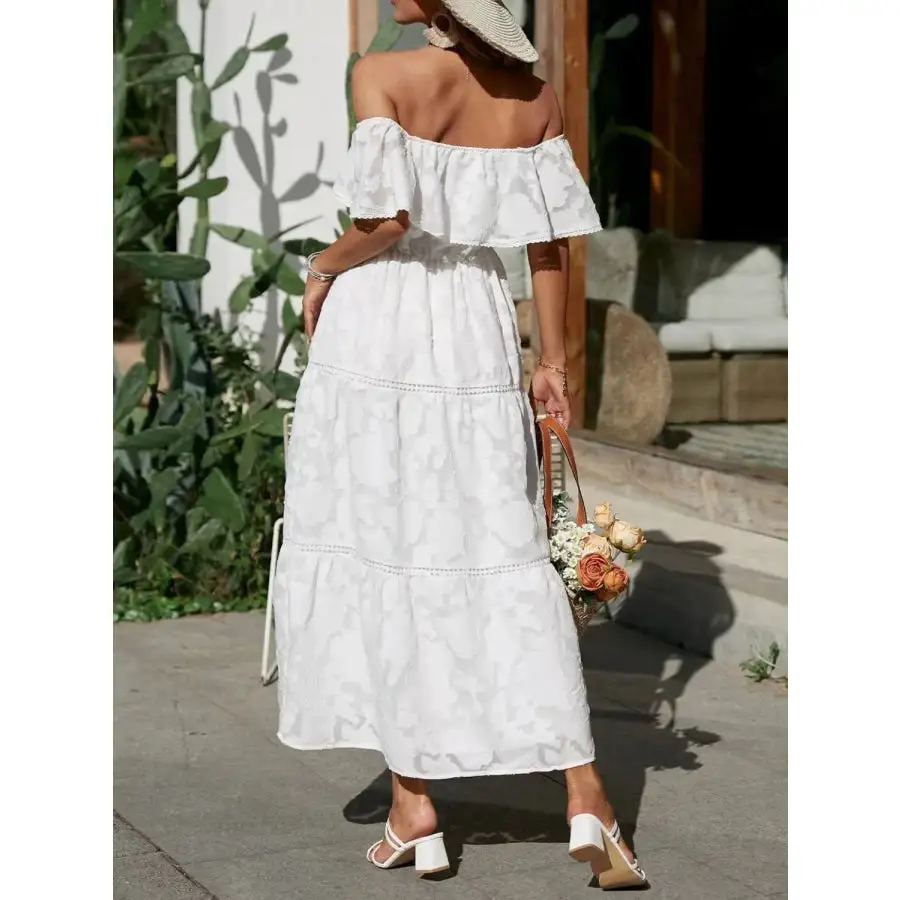 Ruched Off Shoulder Short Sleeve Midi Dress