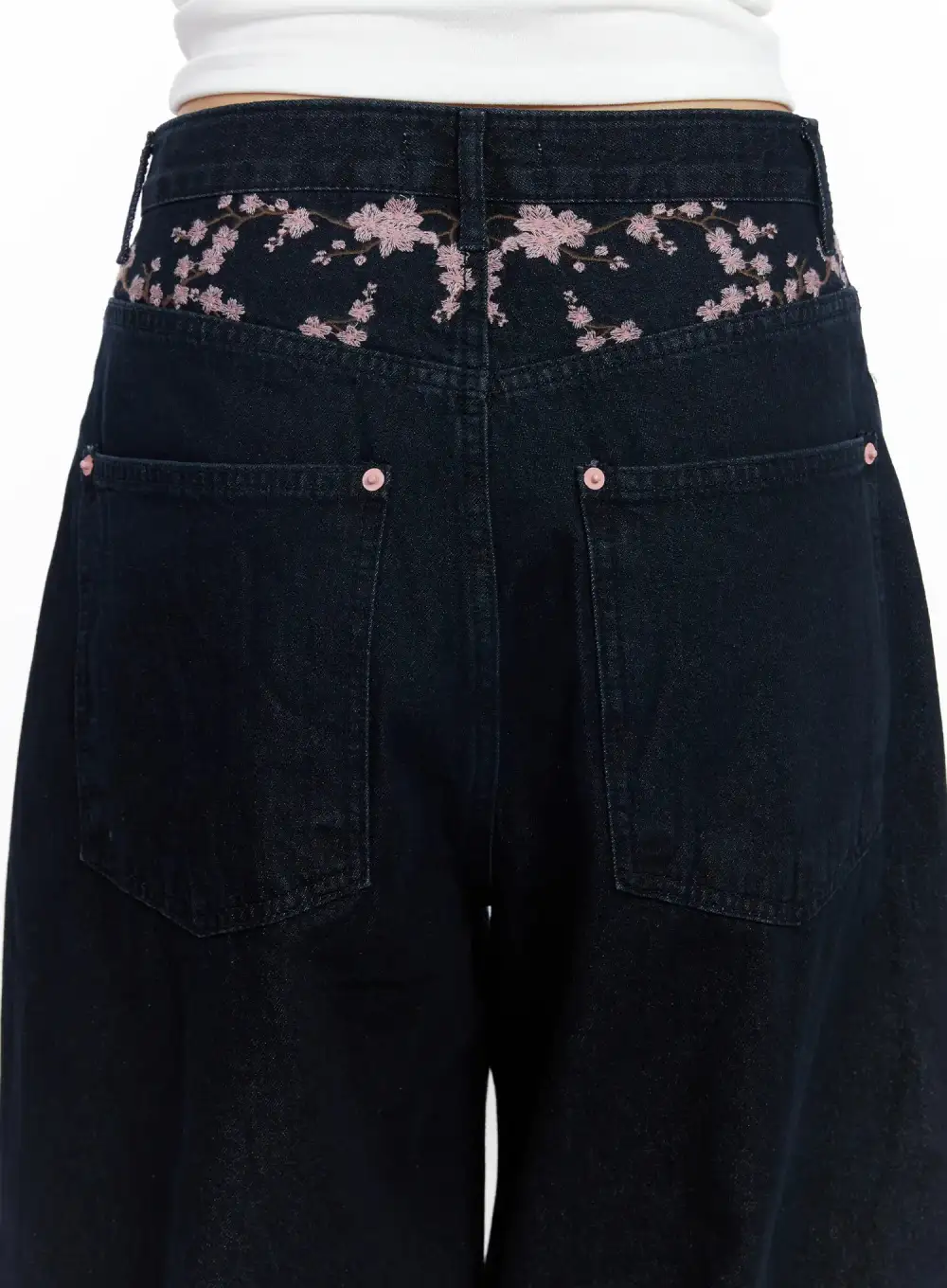Cherry Blossom Embroidered Wide Leg Jeans